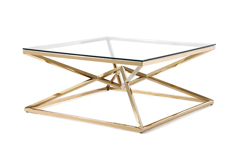 Table basse carrée dorée verre transparent | Kaelo
