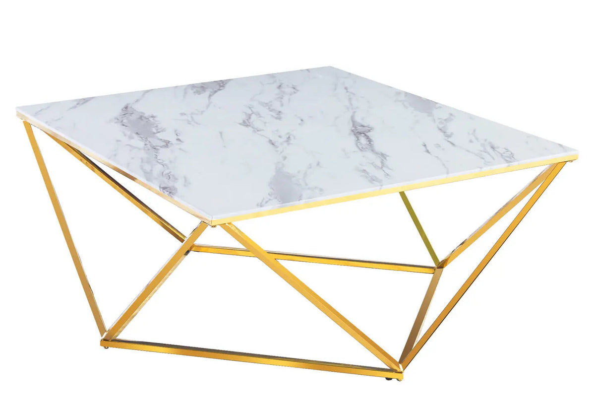Table basse carrée dorée effet marbre blanc | Zenvia