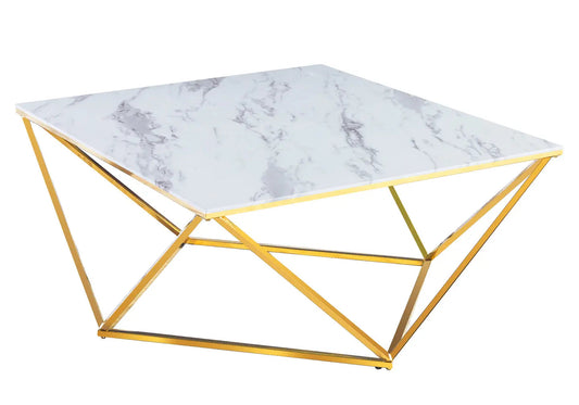 Table basse carrée dorée effet marbre blanc | Zenvia