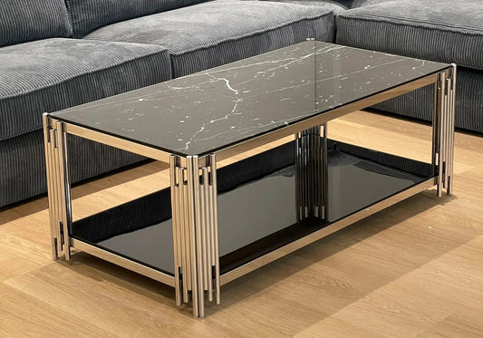 Table basse design chromée effet marbre noir | Zalys