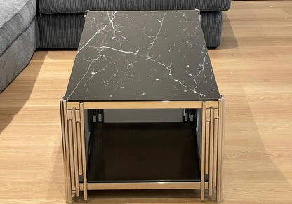 Table basse design chromée effet marbre noir | Zalys