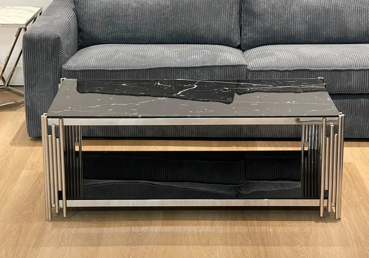 Table basse design chromée effet marbre noir | Zalys
