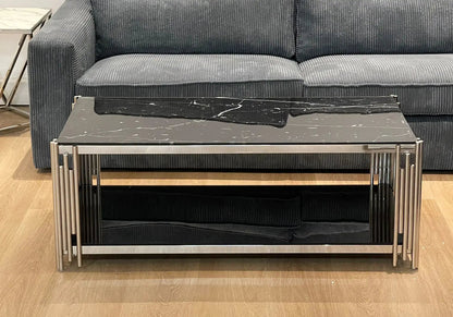 Table basse design chromée effet marbre noir | Zalys