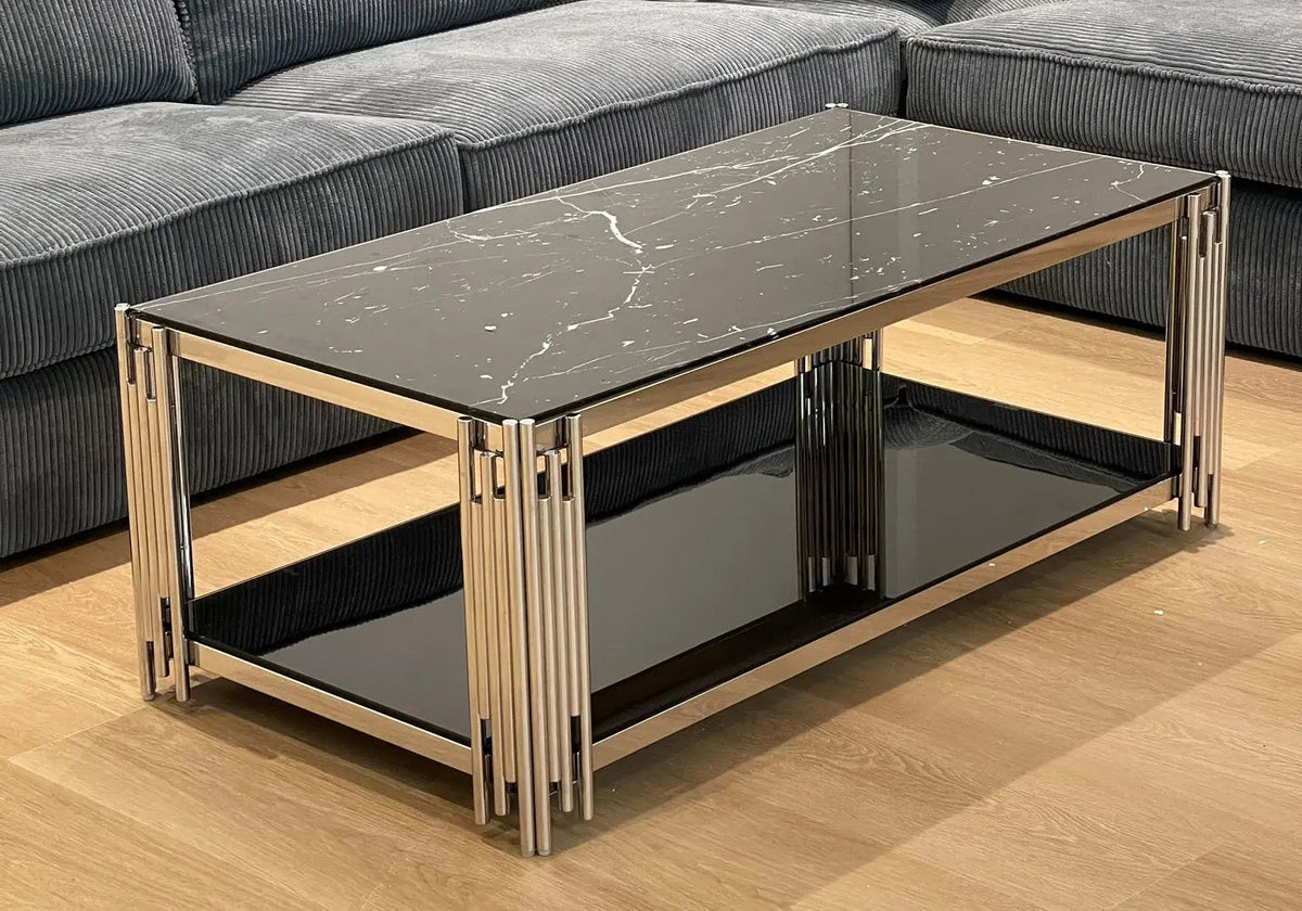 Table basse design chromée effet marbre noir | Zalys