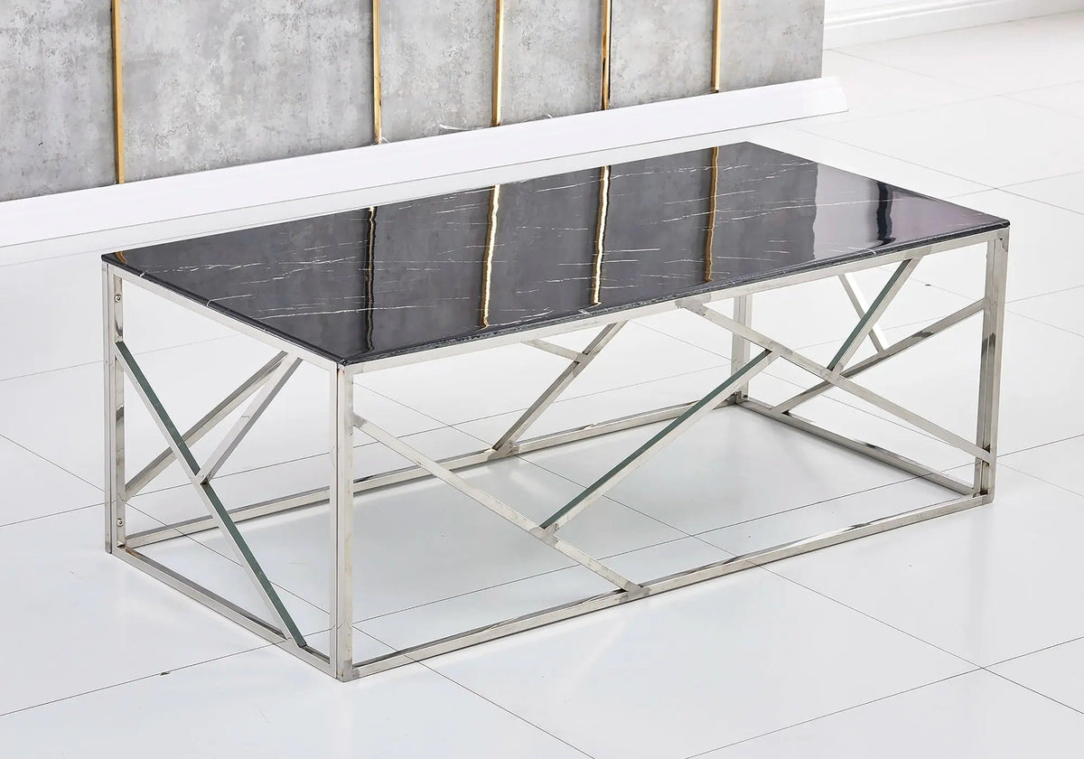 Table basse chrome et verre effet marbre noir | Zenvia