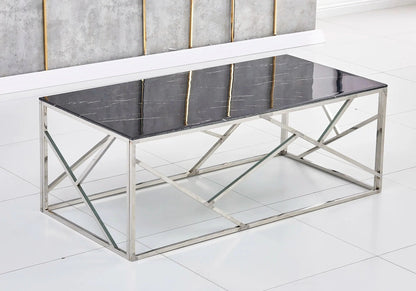Table basse chrome et verre effet marbre noir | Zenvia