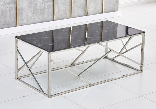 Table basse chrome et verre effet marbre noir | Zenvia