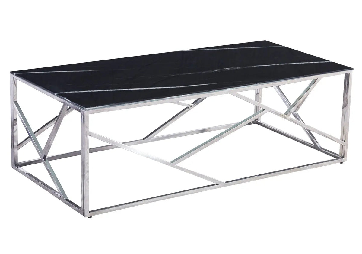 Table basse chrome et verre effet marbre noir | Zenvia
