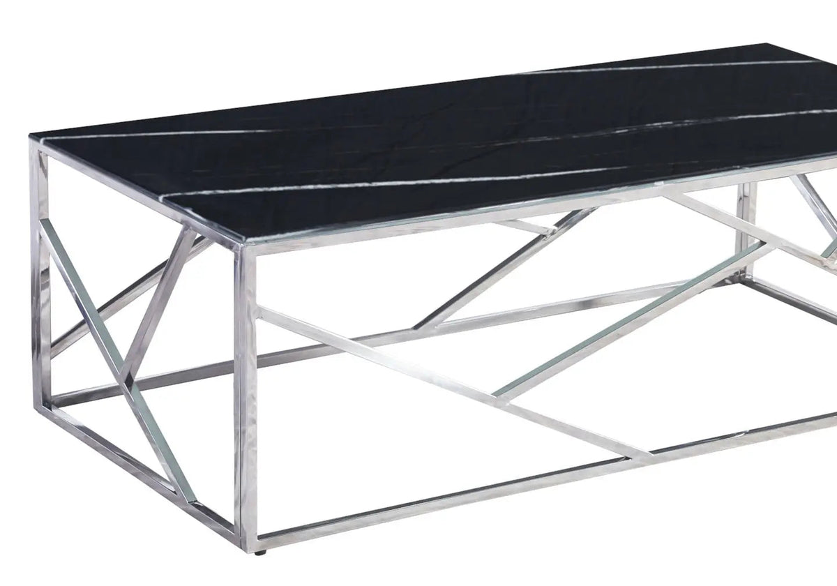 Table basse chrome et verre effet marbre noir | Zenvia