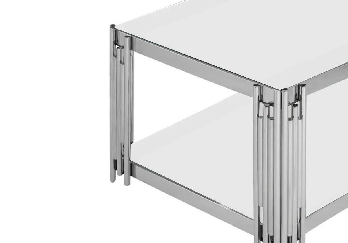 Table basse design chromé et verre trempé blanc | Zalys