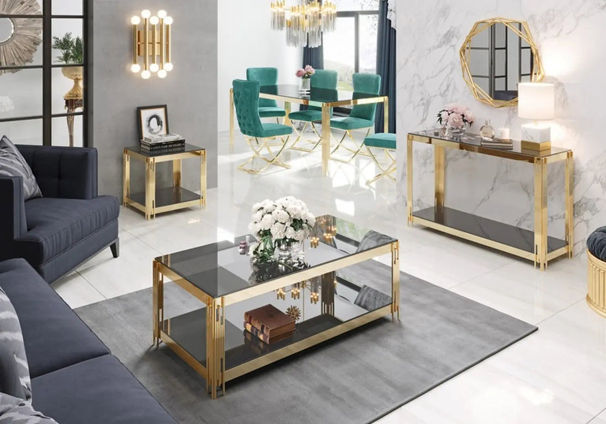 Table basse design dorée et verre trempé noir | Zalys