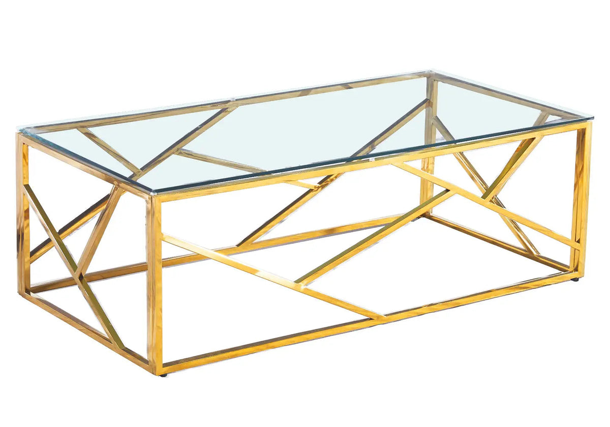 Table basse design verre trempé et métal doré | Zenvia