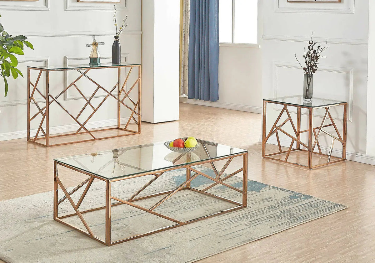 Table basse design verre trempé et métal doré | Zenvia
