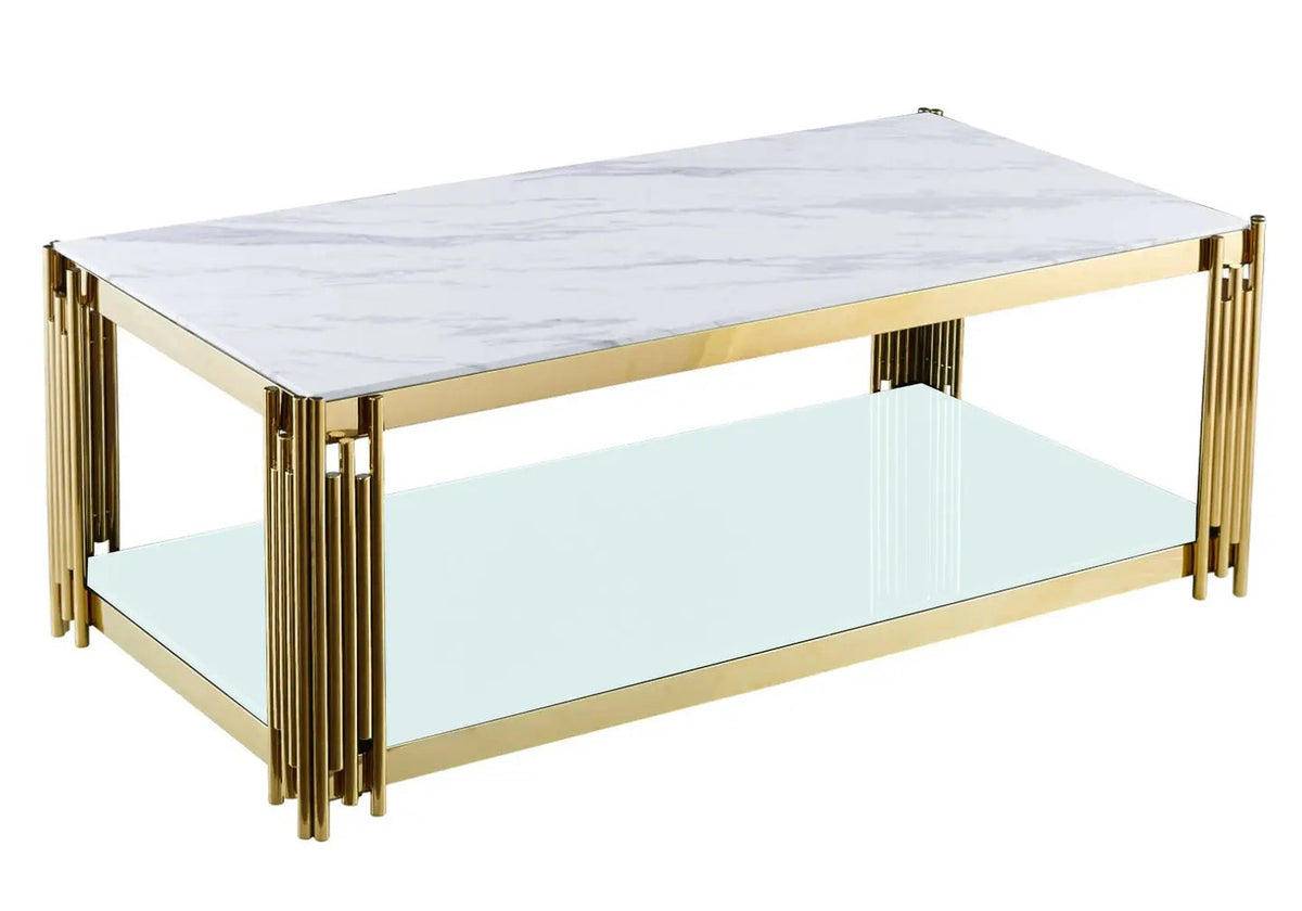 Table basse dorée et verre effet marbre blanc | Zalys