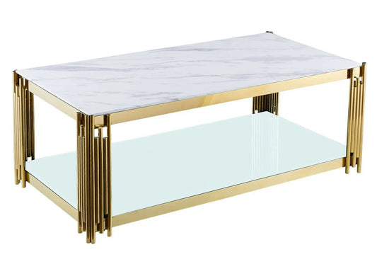 Table basse dorée et verre effet marbre blanc | Zalys