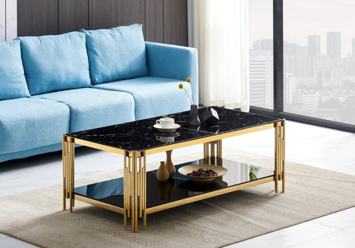 Table basse design géométrique dorée et marbre noir | Zalys