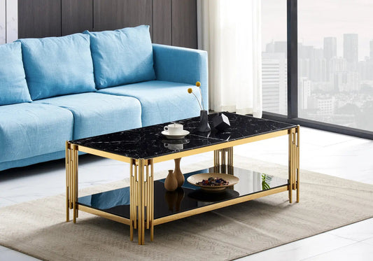 Table basse design géométrique dorée et marbre noir | Zalys