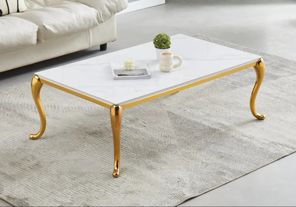 Table basse dorée céramique effet marbre blanc | Zelix
