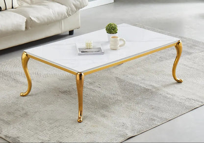 Table basse dorée céramique effet marbre blanc | Zelix