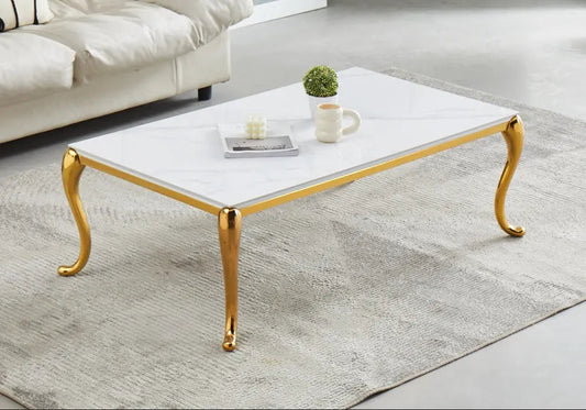 Table basse dorée céramique effet marbre blanc | Zelix