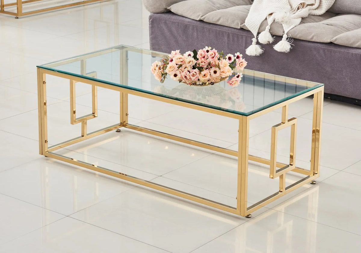 Table basse dorée verre trempé pour salon | Zelix