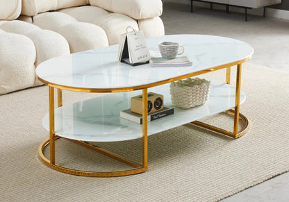 Table basse dorée marbre blanc pour salon moderne | Zyro