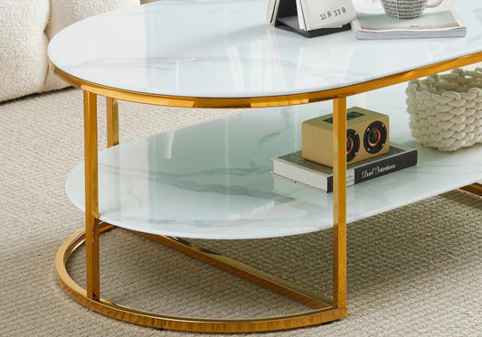 Table basse dorée marbre blanc pour salon moderne | Zyro