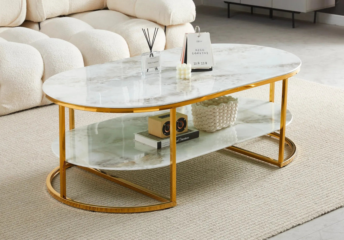 Table basse dorée marbre blanc pour salon moderne | Zyro