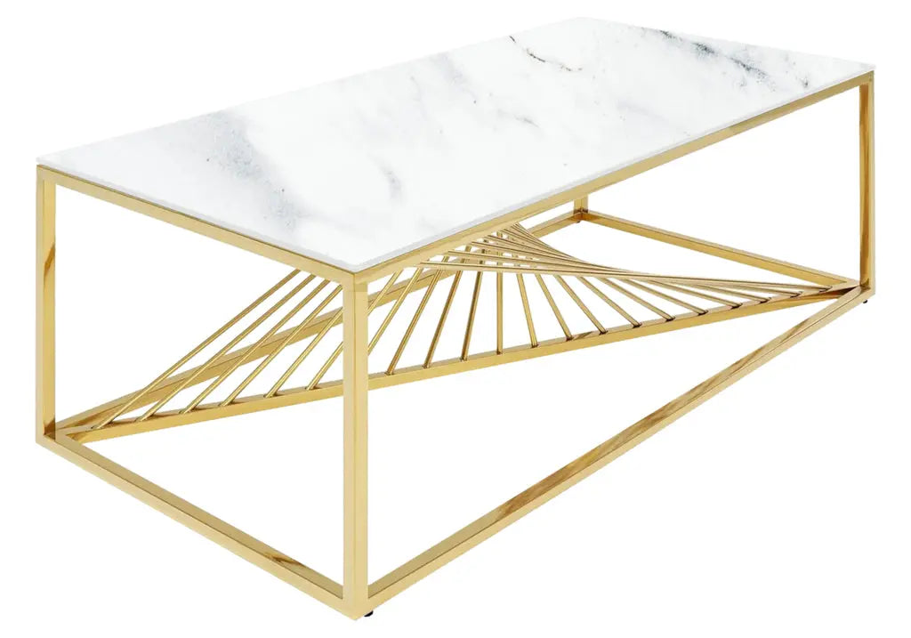 Table basse dorée verre trempé effet marbre blanc | Cael