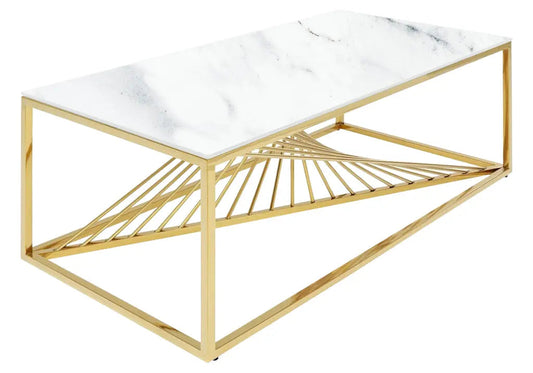 Table basse dorée verre trempé effet marbre blanc | Cael
