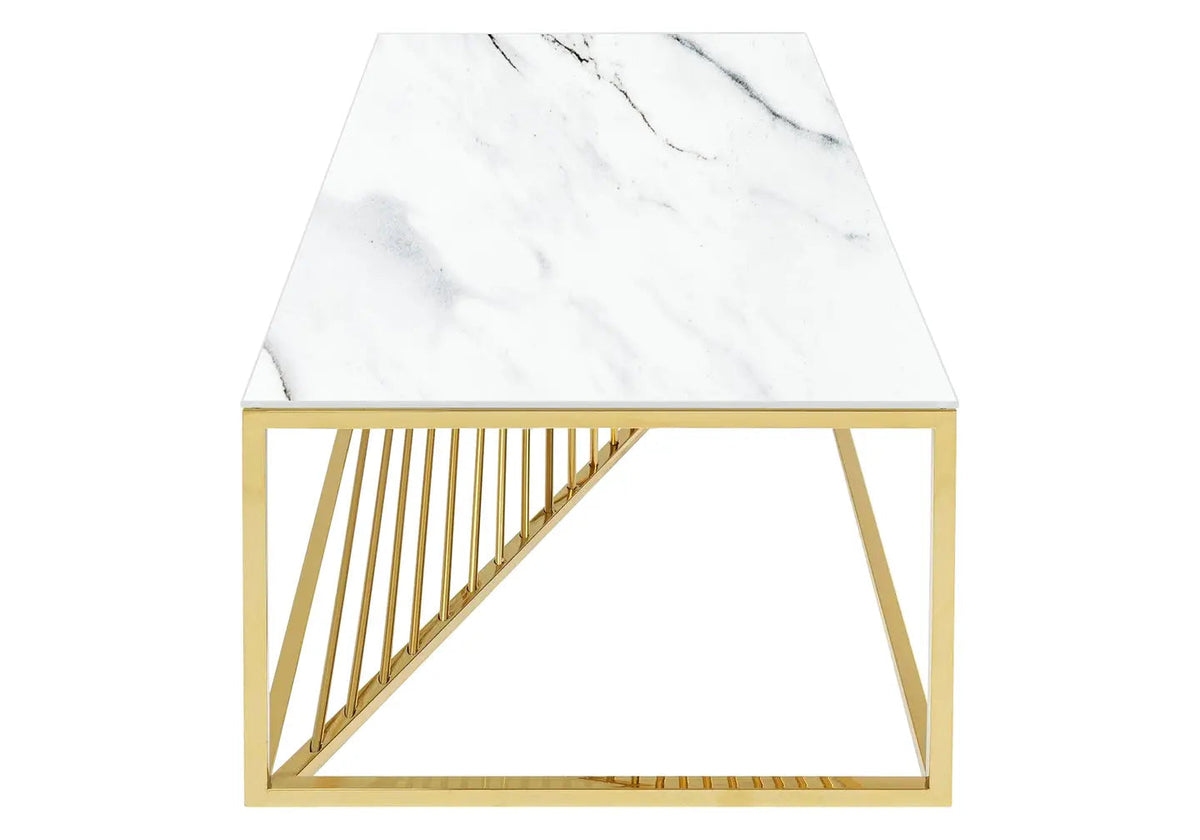 Table basse dorée verre trempé effet marbre blanc | Cael