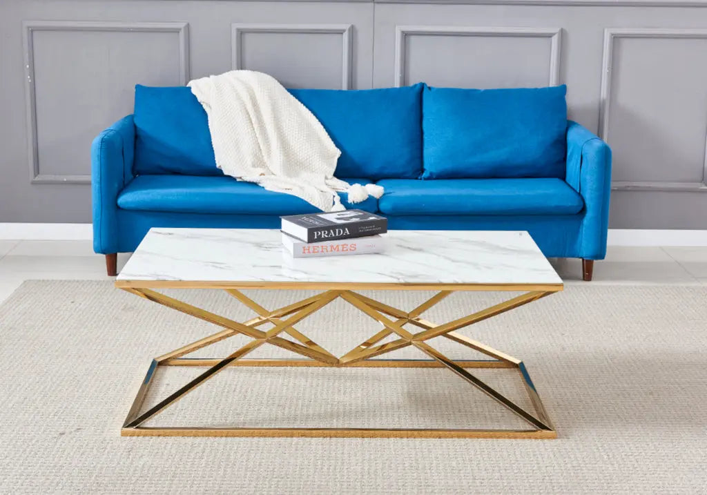 Table basse dorée verre effet marbre blanc | Kaelo
