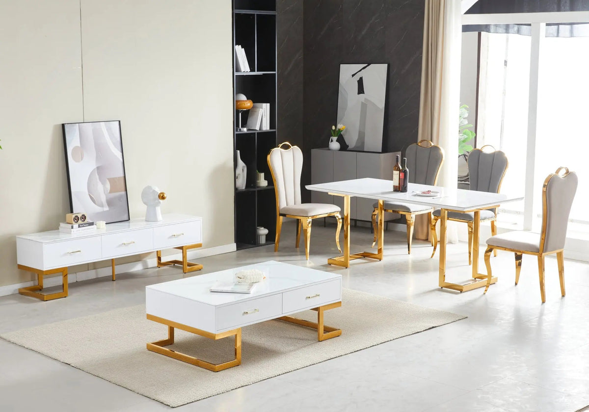 Table basse moderne marbre blanc et doré | Veyra