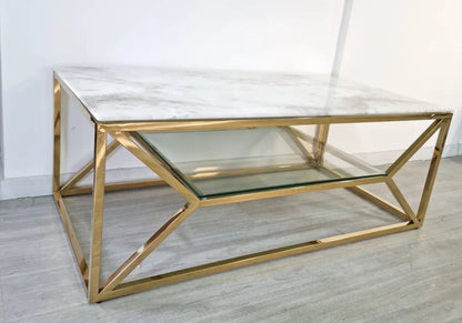 Table basse élégante marbre blanc et doré | Orivo