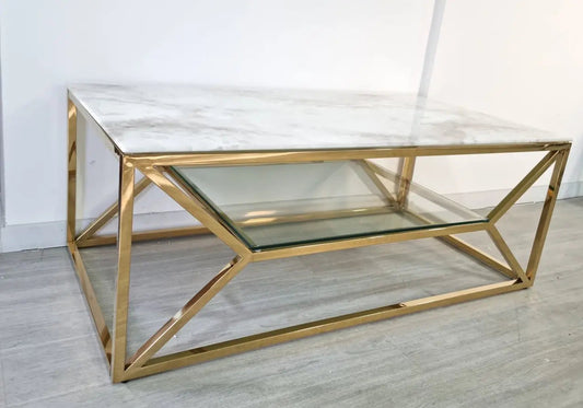 Table basse élégante marbre blanc et doré | Orivo