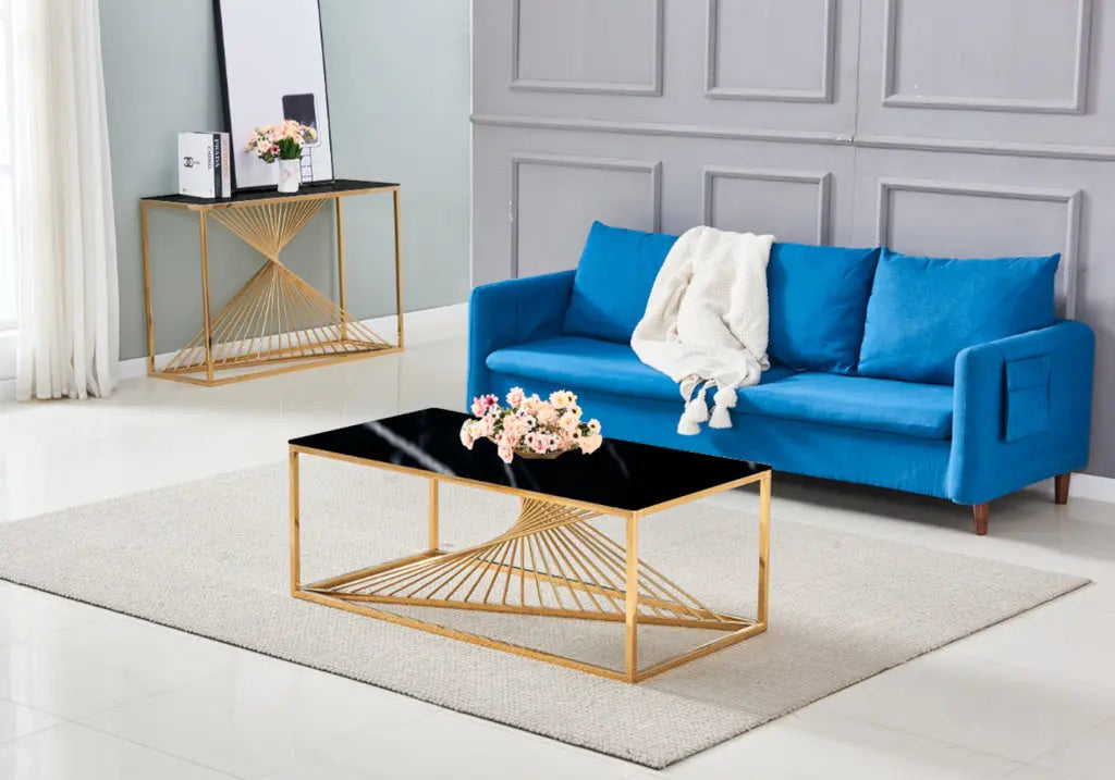 Table basse design dorée verre effet marbre noir | Cael