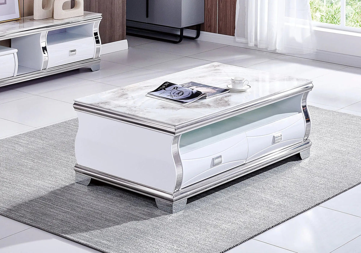 Table basse rectangulaire verre effet marbre beige | Zelix