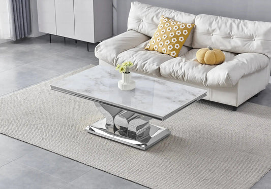 Table basse de salon marbre beige et argentée | Juno