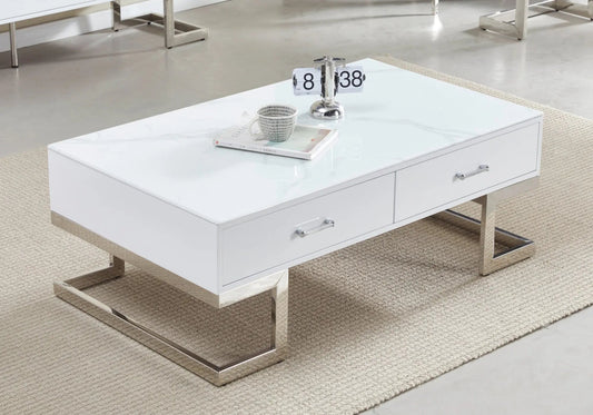 Table basse marbre blanc avec pieds argentés | Veyra