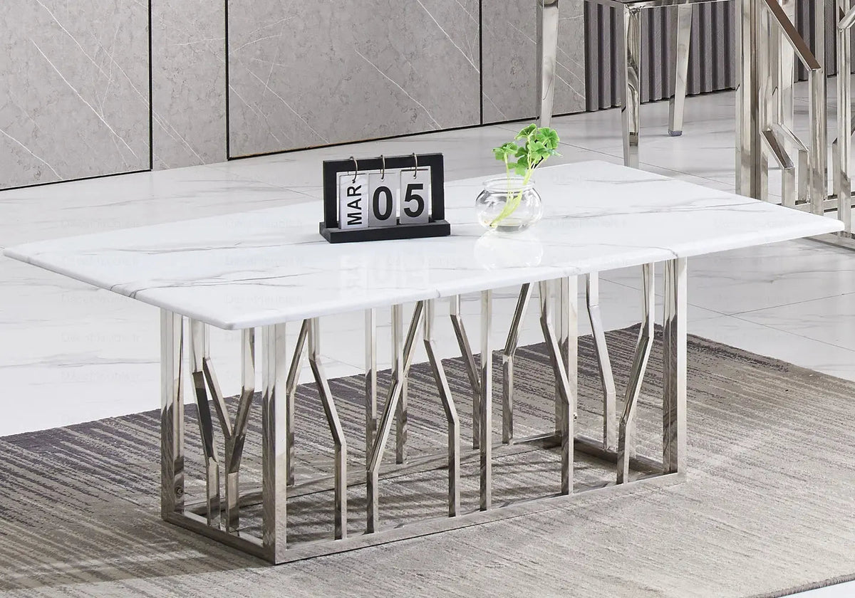 Table basse design marbre blanc et acier chromé | Lusor