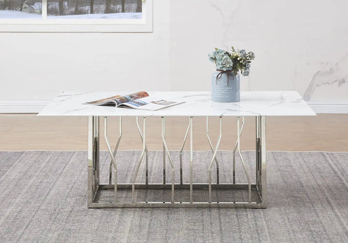 Table basse design marbre blanc et acier chromé | Lusor
