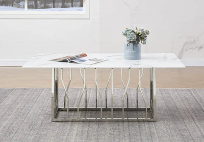 Table basse design marbre blanc et acier chromé | Lusor