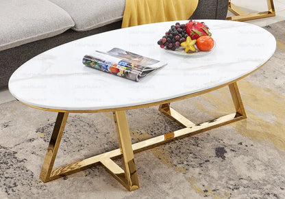 Table basse design marbre blanc et pied doré | Vesper