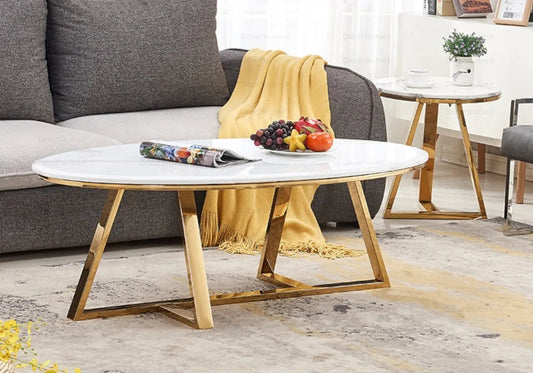Table basse design marbre blanc et pied doré | Vesper