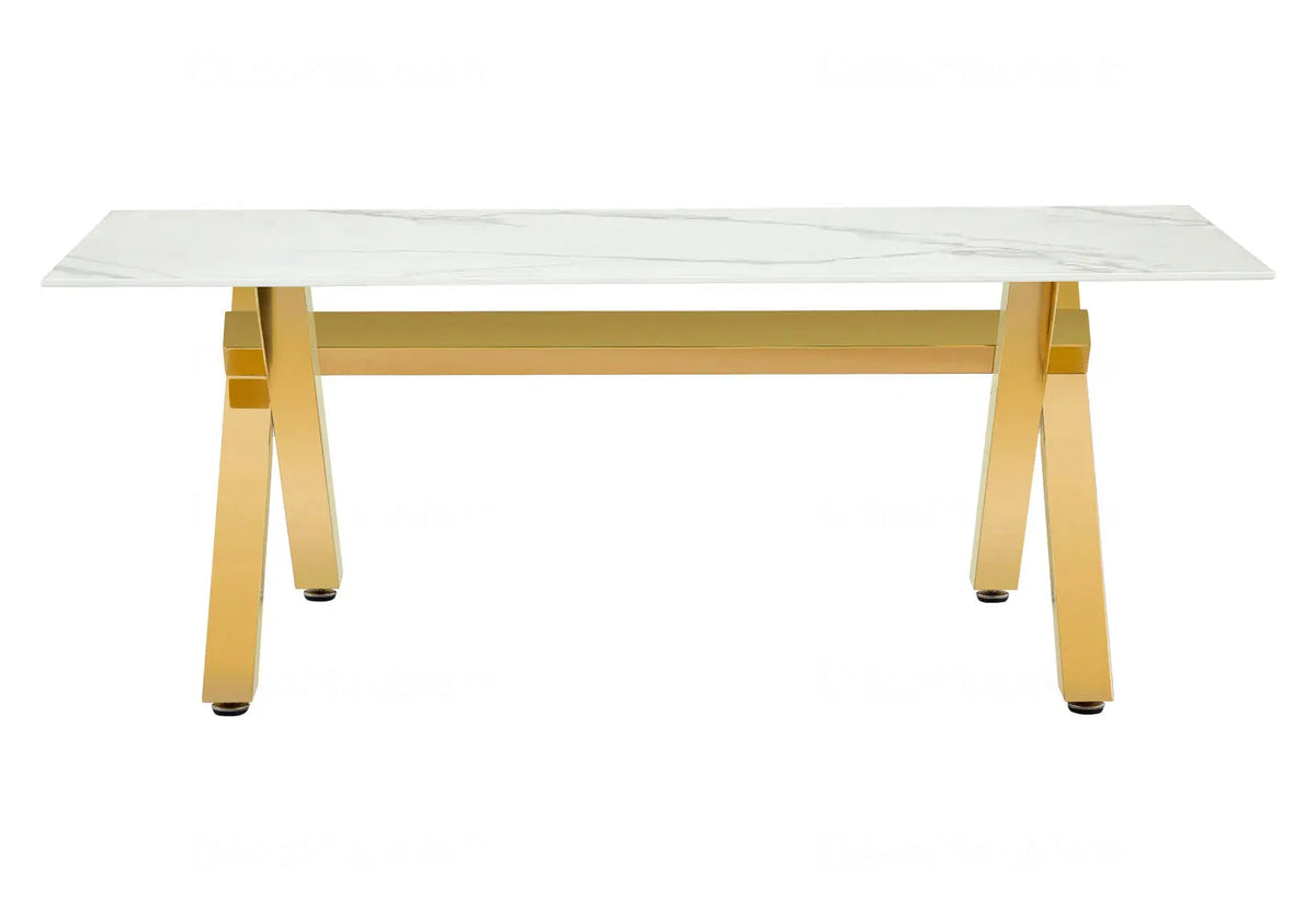 Table basse effet marbre blanc et pieds en x dorés | Zyro