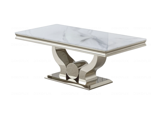 Table basse moderne marbre blanc et acier chromé | Juno