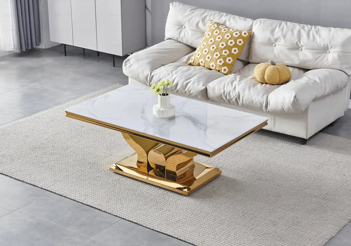 Table basse moderne marbre blanc et acier doré | Juno