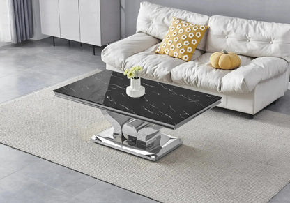 Table basse design marbre noir et acier argenté | Juno