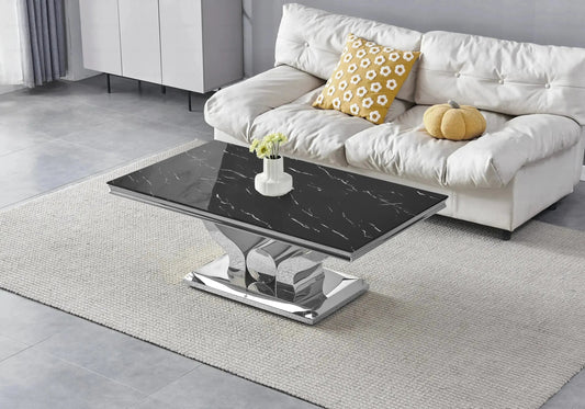 Table basse design marbre noir et acier argenté | Juno
