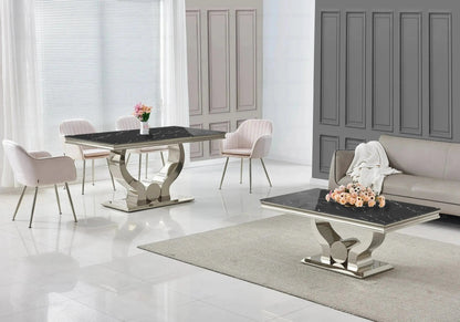 Table basse design marbre noir et acier argenté | Juno